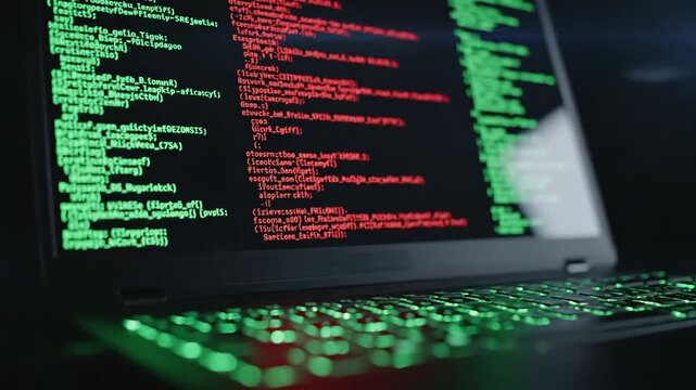 Business Close-up of a dimly lit laptop displaying green and red code on screen, representing dark web data leaks, hacking activity, cybersecurity threats in covert digital environment scene 1 with