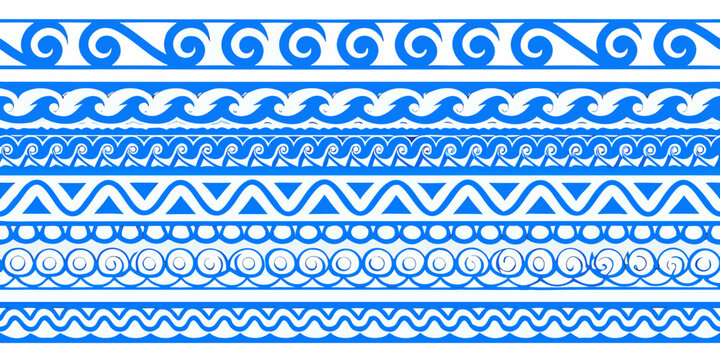 Repeating blue wave and geometric patterns create a decorative border