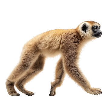 Extreme side view full body shot of northern muriqui walking isolated on a white background