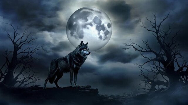 Grey wolf standing on a dark rocky outcrop at night, framed by leafless silhouetted trees against a backdrop of a large glowing full moon and dramatic cloudy sky in the wilderness.