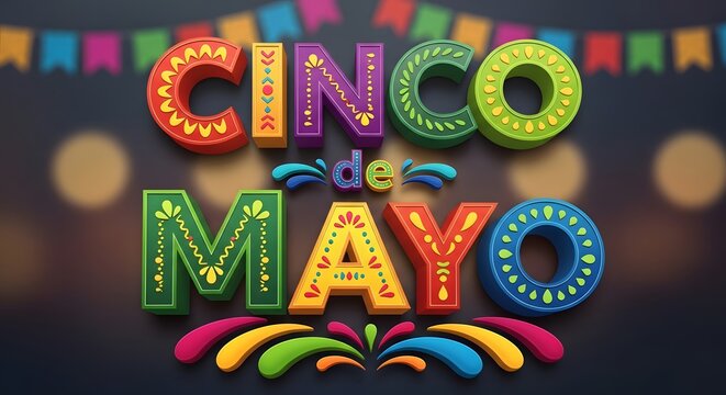 Cinco de mayo 3d colorful typography with festive decorations on dark background