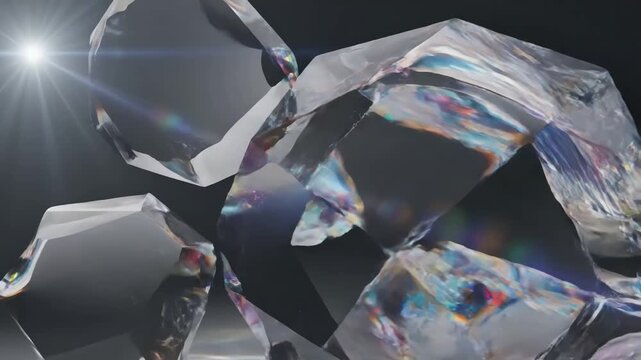 Graphic Resources Abstract background animation, glass shape with color refraction effect, 4k seamless looping video, 3d render scene 2 distortion, overlay, glitch, static noise, scan lines on black