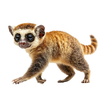 Extreme side view full body shot of Philippine slow loris walking isolated on a white background