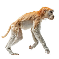 Fototapeta premium Extreme side view full body shot of proboscis monkey walking isolated on a white background