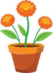 Fototapeta premium Cartoon orange flowers in a brown flower pot on white