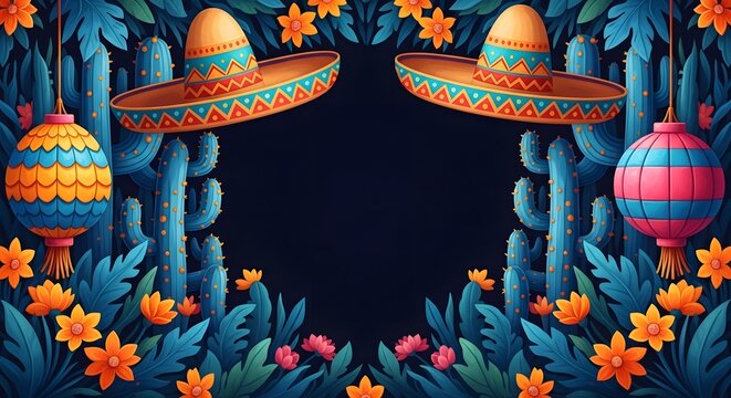 Cinco de mayo festive frame with sombreros, cacti, lanterns, and flowers on dark background