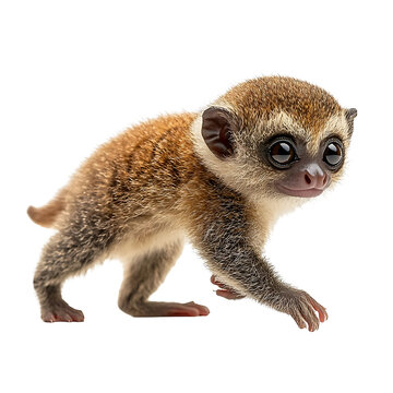 Extreme side view full body shot of pygmy slow loris walking isolated on a white background
