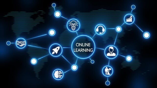 online learning concept with interconnected digital, technology and business  icons on back background . 4k animation video 