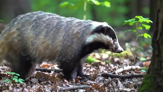 A badger is digging in the forest floor with its snout in video