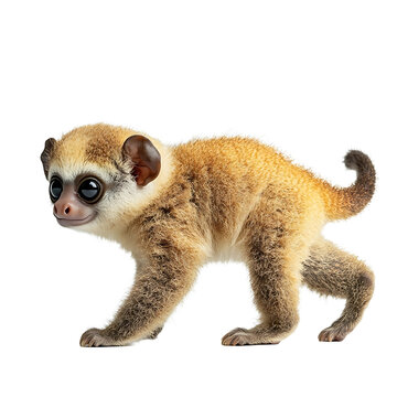Extreme side view full body shot of Sunda slow loris walking isolated on a white background