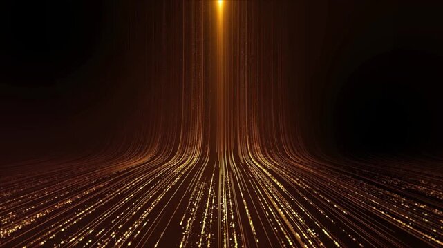 Abstract golden light streaks flowing forward with glowing particles, futuristic data stream tunnel effect, digital speed lines background with warm luminous energy rays