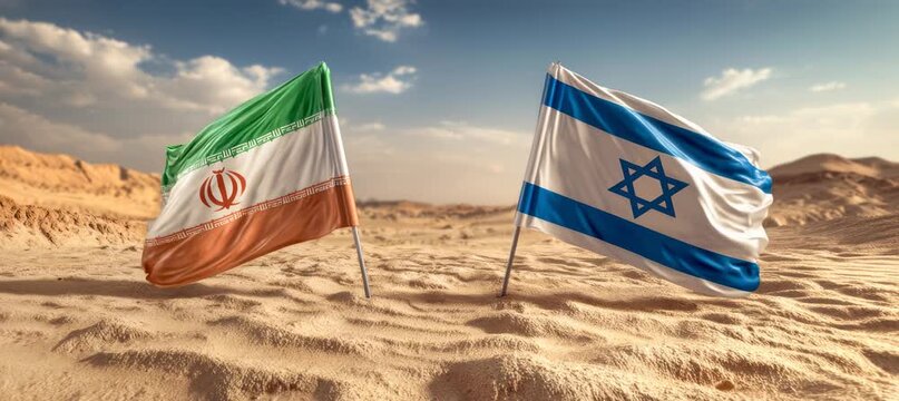 Israel and Iran flag waving at desert. Symbol friendship or rivalry. Generative video AI technology.	
