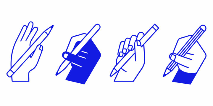 Four hands each holding or reaching for a blue writing utensil