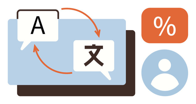 Language translation, localization services, global communication, digital apps, user-friendly platforms, technology. Speech bubbles with arrows, percentage icon user silhouette. Language