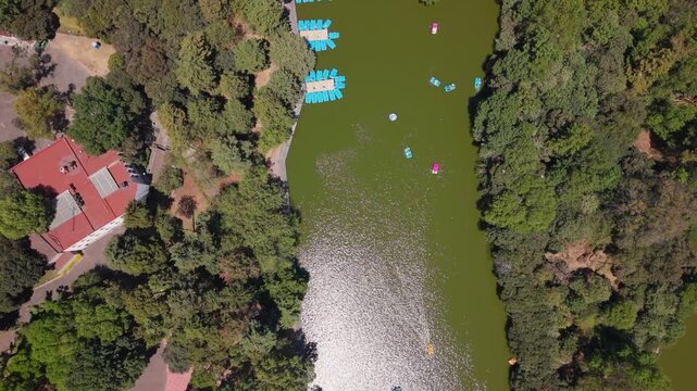 Wide aerial of Chapultepec forest and modern buildings in Mexico City