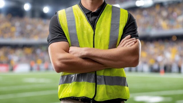 A security guard in a yellow safety vest stands with arms crossed at a professional football stadium.