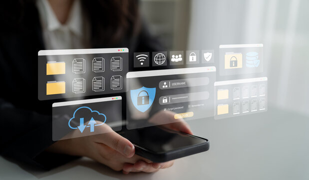 Secure login and file management interface with folder, password, and encryption icons for cybersecurity visualization Parse