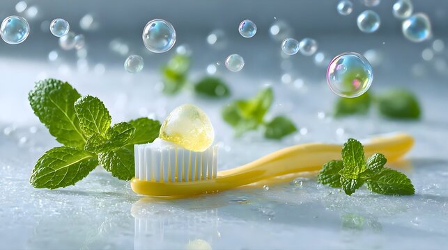 Yellow toothbrush with toothpaste and fresh mint leaves on a clean surface surrounded by soap bubbles in soft natural lighting