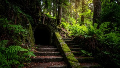 Obraz premium Mysterious Stone Steps Lead to a Dark Tunnel Entrance in a Lush, Overgrown Forest.