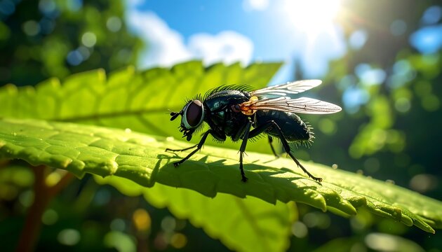 A close-up of a black fly on a green leaf against a sunny background