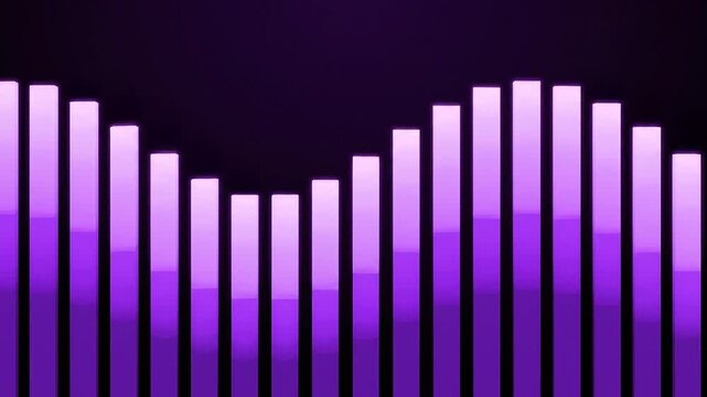 Abstract digital illustration of glowing vertical bars in shades of purple and violet, forming a rhythmic wave-like equalizer pattern against a dark minimalist background.