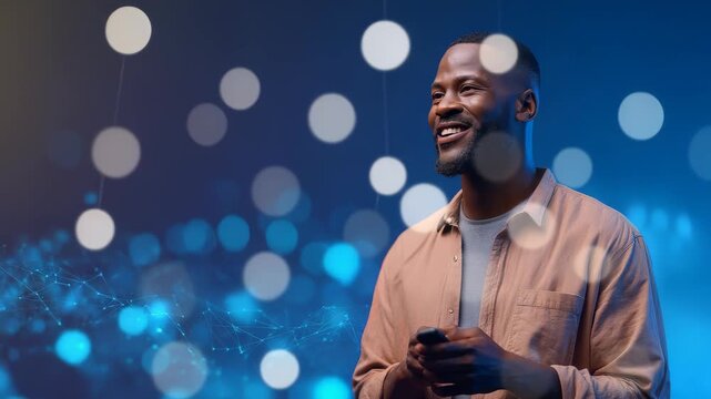 Confident young man smiling while giving a presentation on digital technology in a modern studio with blue futuristic lighting. He holds a remote and looks inspired by innovation