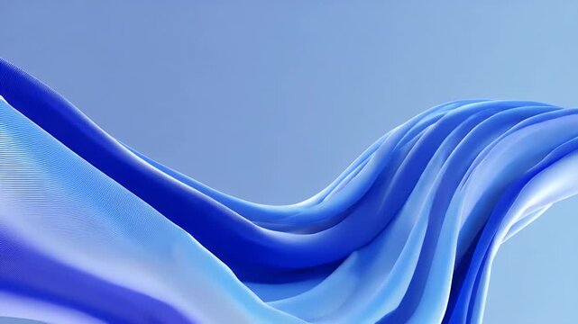 Smooth blue flowing fabric wave motion against light blue background, abstract cloth rippling in dynamic flow, elegant drapery movement creates serene and captivating visual effect.