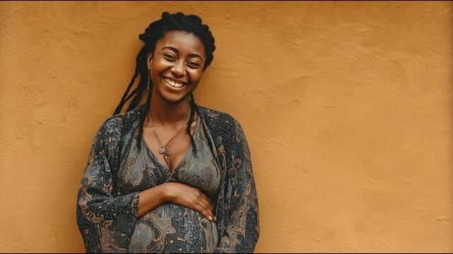 Beautiful young pregnant woman smiling and affectionately caressing her belly against a warm wall