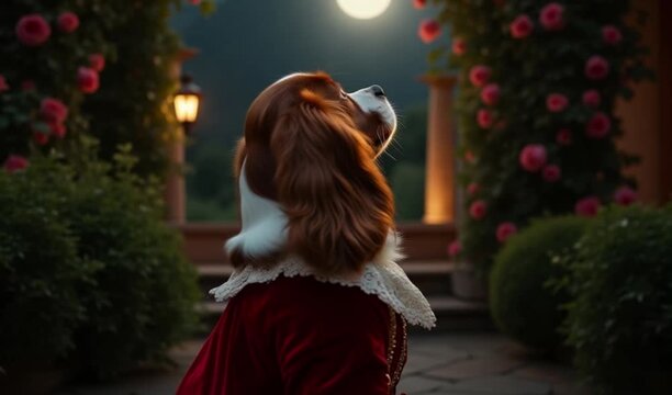 Poetic rear-view portrait of brown-and-white Cavalier King Charles Spaniel gazing upward at luminous full moon while wearing flowing red cape, set in moonlit garden with blooming roses, 4k, hd.