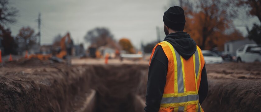 Construction worker oversees excavation site.