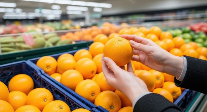 A person carefully selecting a fresh orange from a crate in a grocery store
