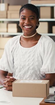 Box, face and shipping with black woman and small business for delivery, ecommerce or inventory. Logistics, distribution and cargo package with person in supply warehouse for stock and inspection