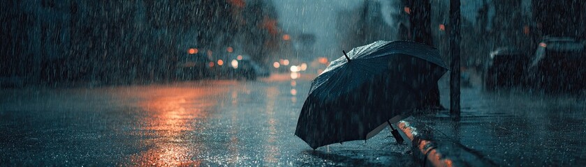 A lone umbrella rests on a wet city sidewalk during heavy rain at night, with blurred streetlights glowing in the background.