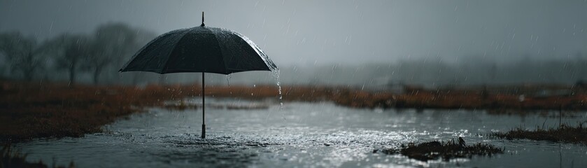 A lone black umbrella stands in a rain-soaked field under a gloomy, gray sky, with water dripping from its edges.