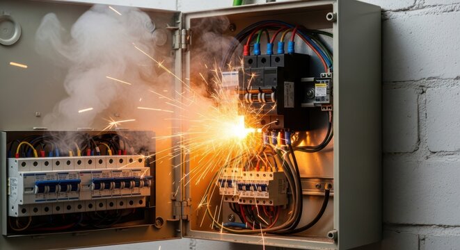 An electrical panel with sparks flying out, indicating a serious electrical issue or malfunction.