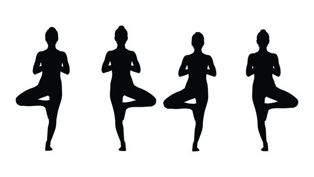 Four silhouettes of women performing a tree pose yoga sequence