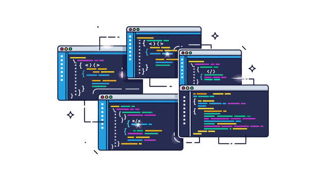 Multiple computer screens with coding software.