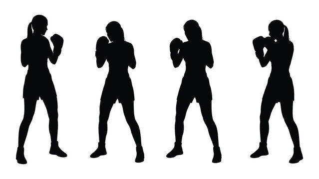 Silhouette series depicting four female boxers in dynamic fighting stances