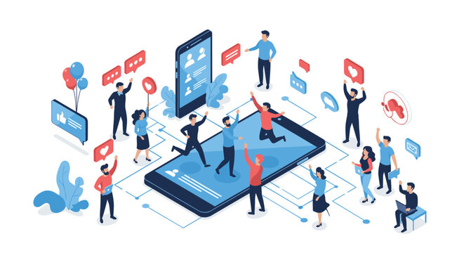 Large isometric social media concept showing many small people interacting with a giant smartphone and various floating icons.