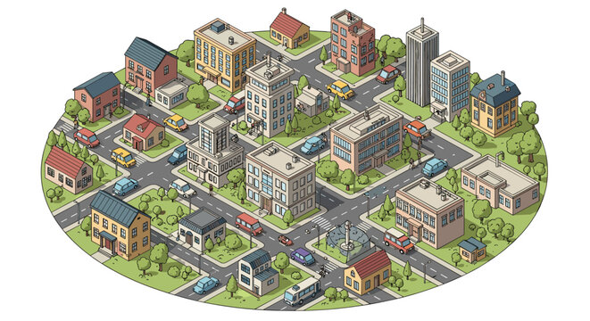 Detailed isometric map of a suburban neighborhood showing various houses, apartment buildings, trees, and cars on the streets.