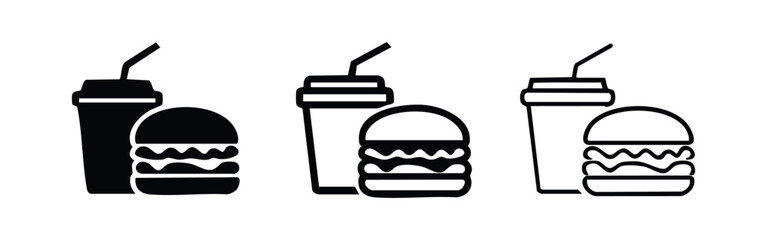 Fast food burger and drink icon set. Hamburger and soda glass with straw in solid and outline style. © liubomir118809