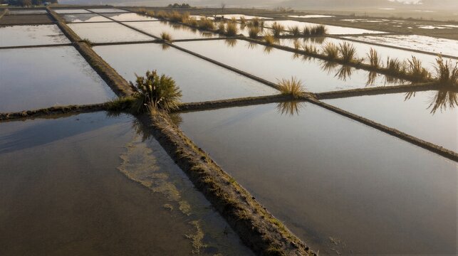 An agricultural field at sunrise or sunset showcases rice cultivation amidst water management dikes and lush greenery.