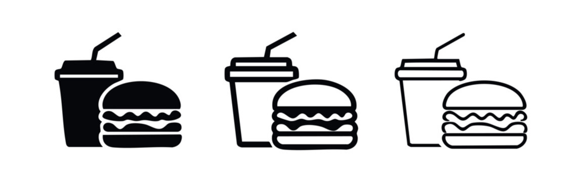 Fast food burger and drink icon set. Hamburger and soda glass with straw in solid and outline style.
