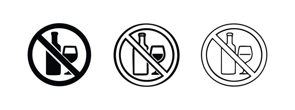 No alcohol sign icon set. Prohibited alcoholic drinks symbol in solid and outline style.
