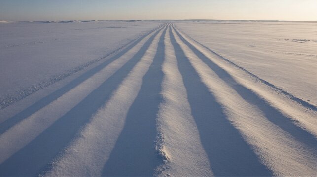 A serene snowy landscape features parallel tracks made by a vehicle, with no signs of human presence.