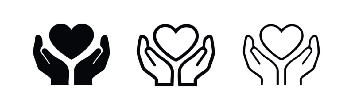 Two hands holding heart icon set. Love, care, health, compassion, community symbol.