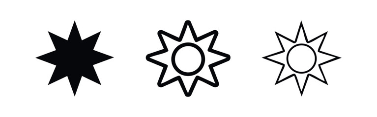 Fototapeta premium Sun and starburst icon set. Brightness, light, and energy symbols. Summer weather vector graphics.