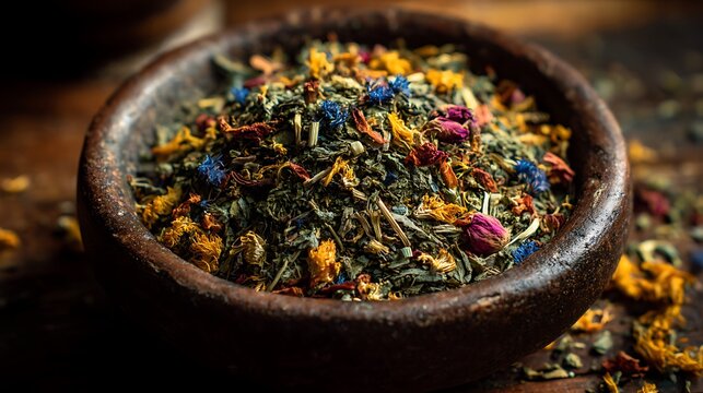 Herbal tea blend in a rustic wooden bowl on a dark wooden table with scattered petals and leaves
