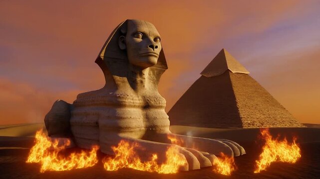 Great Sphinx of Giza and Egyptian pyramid at sunset with a ring of fire flames burning on the sand around the base of the monument, ancient architecture in a desert landscape.