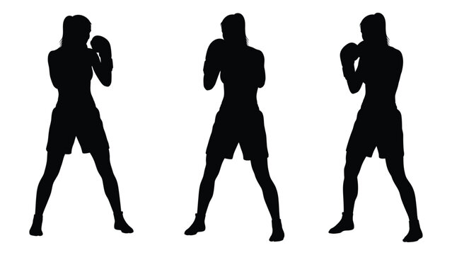 Silhouettes of three female boxers in dynamic fighting stances against a white background